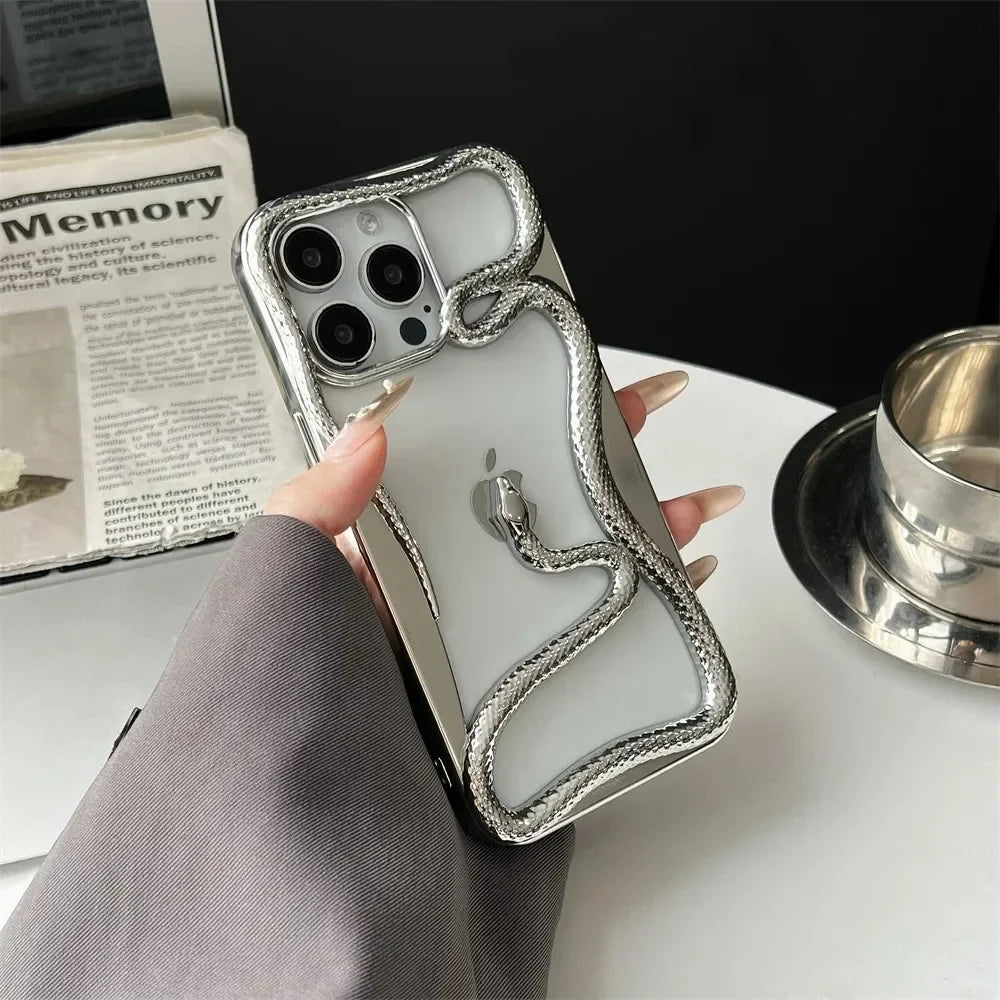3D Luxury Snake iPhone Case — Matte Plating Fashion Cover with Holder & Lanyard