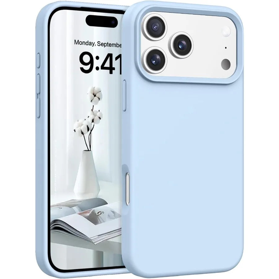 Light Blue Liquid Silicone iPhone 17 Pro Max Case — Microfiber Lining Slim Protective Cover