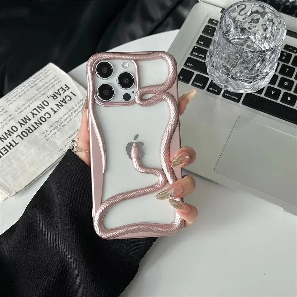 3D Luxury Snake iPhone Case — Matte Plating Fashion Cover with Holder & Lanyard
