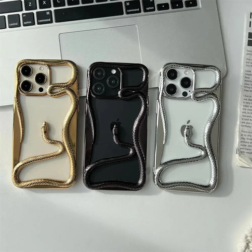 3D Luxury Snake iPhone Case — Matte Plating Fashion Cover with Holder & Lanyard