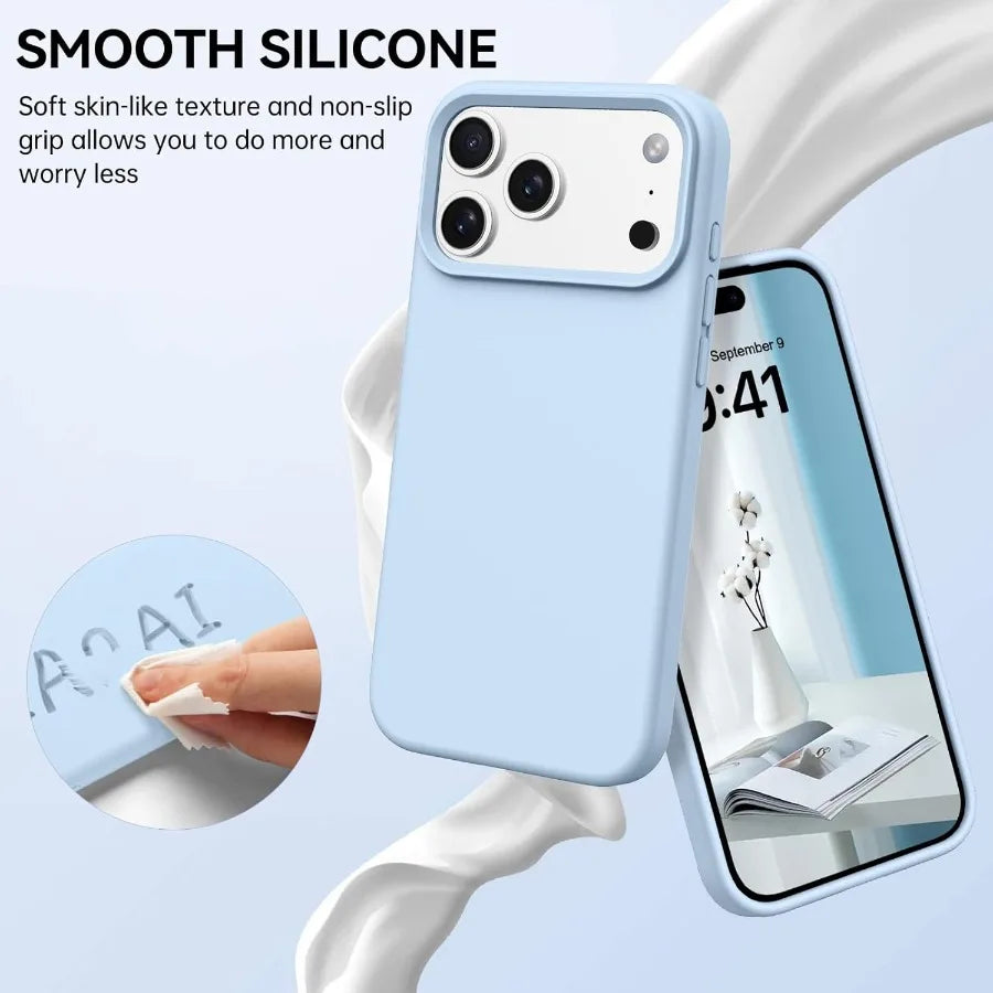 Light Blue Liquid Silicone iPhone 17 Pro Max Case — Microfiber Lining Slim Protective Cover