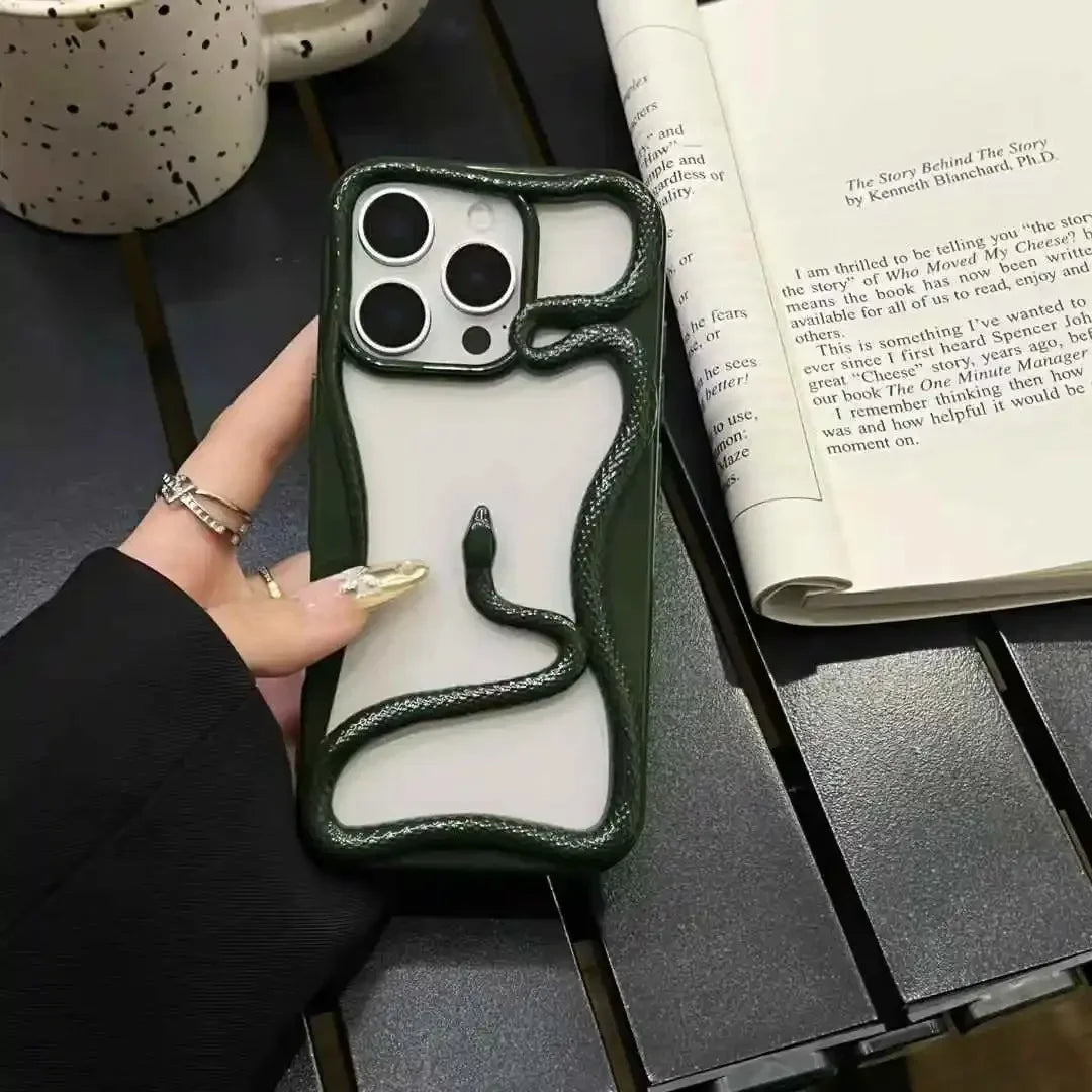3D Luxury Snake iPhone Case — Matte Plating Fashion Cover with Holder & Lanyard