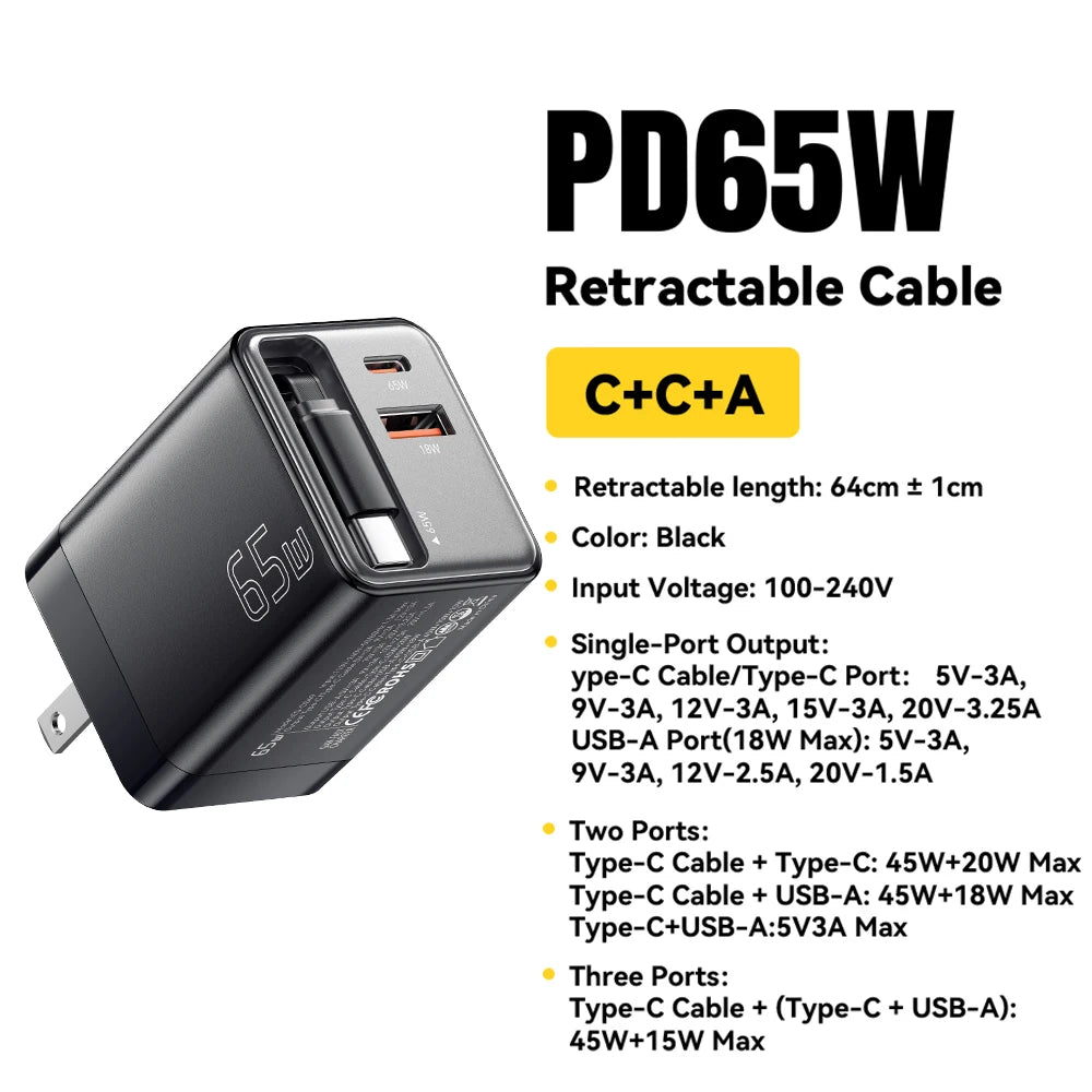 65W Charger with Retractable USB C Cable