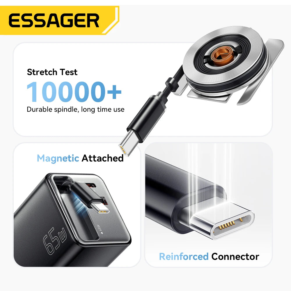 65W Charger with Retractable USB C Cable