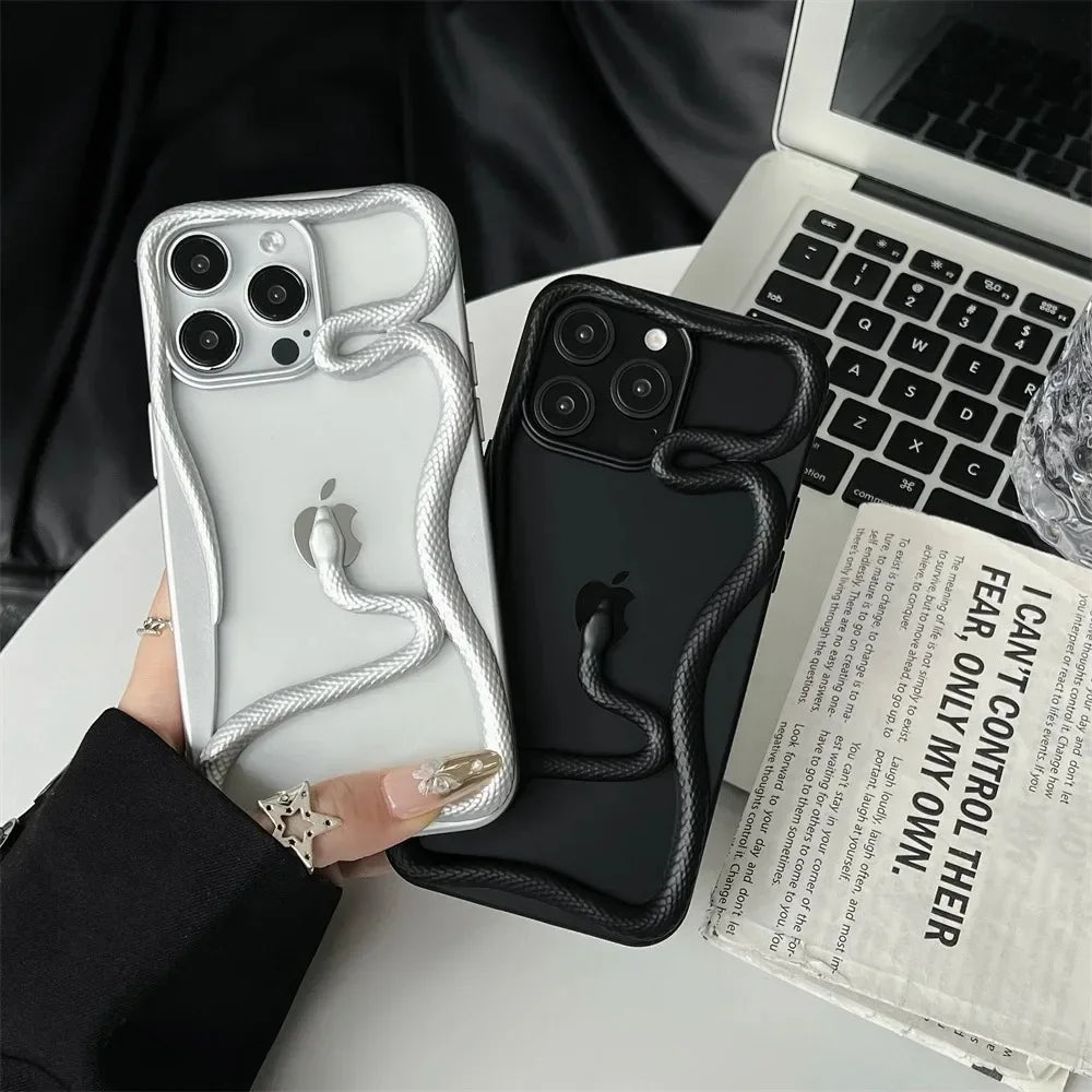 3D Luxury Snake iPhone Case — Matte Plating Fashion Cover with Holder & Lanyard