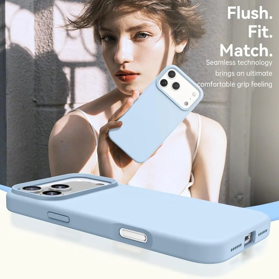 Light Blue Liquid Silicone iPhone 17 Pro Max Case — Microfiber Lining Slim Protective Cover