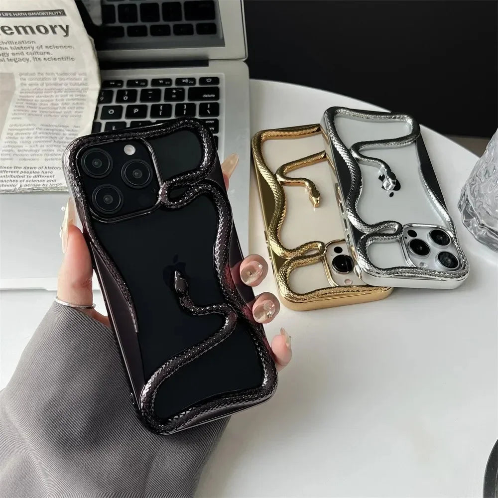 3D Luxury Snake iPhone Case — Matte Plating Fashion Cover with Holder & Lanyard