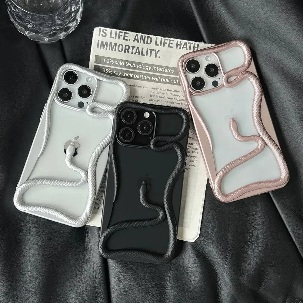 3D Luxury Snake iPhone Case — Matte Plating Fashion Cover with Holder & Lanyard