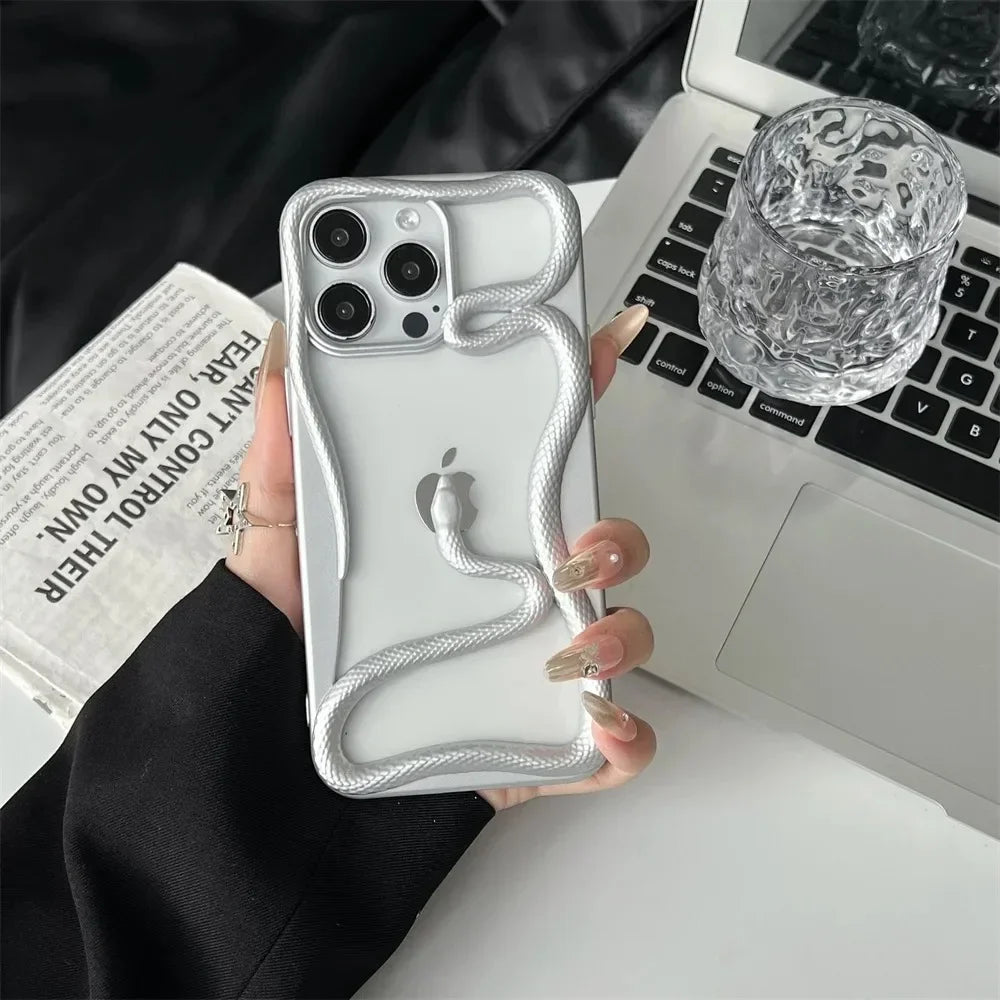 3D Luxury Snake iPhone Case — Matte Plating Fashion Cover with Holder & Lanyard