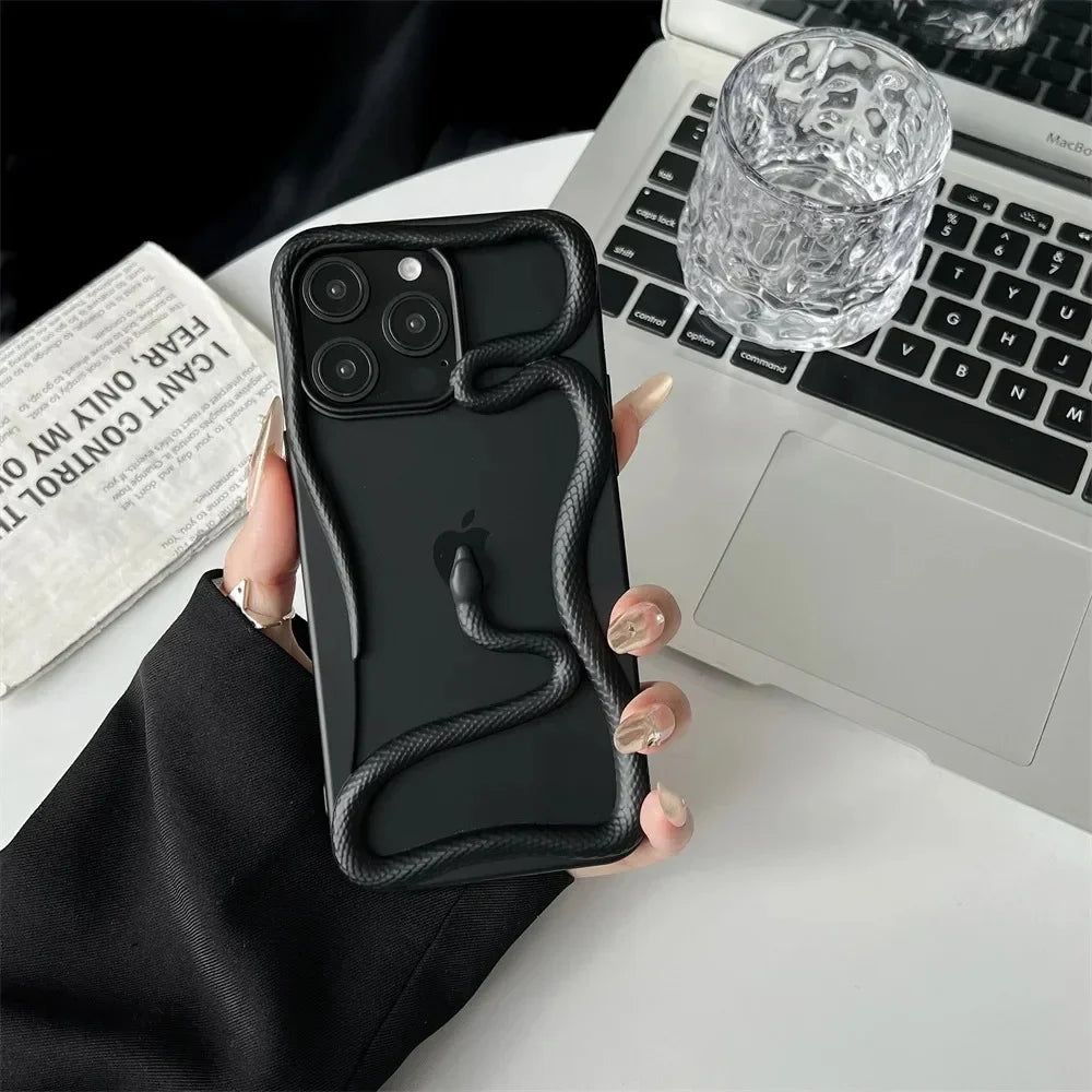 3D Luxury Snake iPhone Case — Matte Plating Fashion Cover with Holder & Lanyard