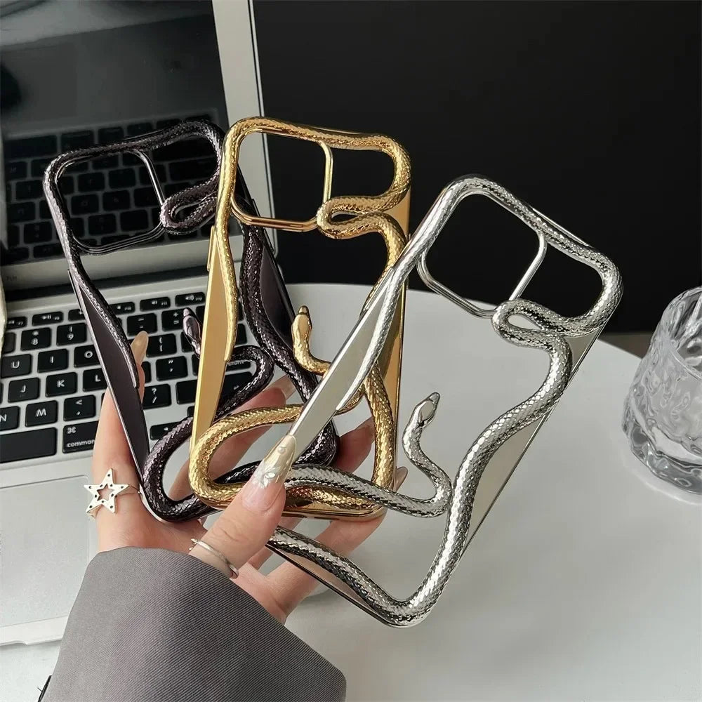 3D Luxury Snake iPhone Case — Matte Plating Fashion Cover with Holder & Lanyard