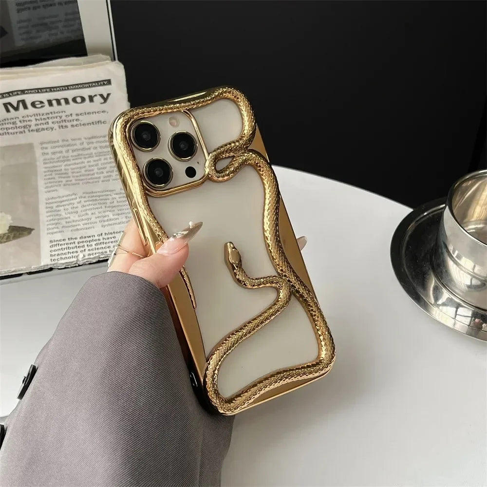 3D Luxury Snake iPhone Case — Matte Plating Fashion Cover with Holder & Lanyard