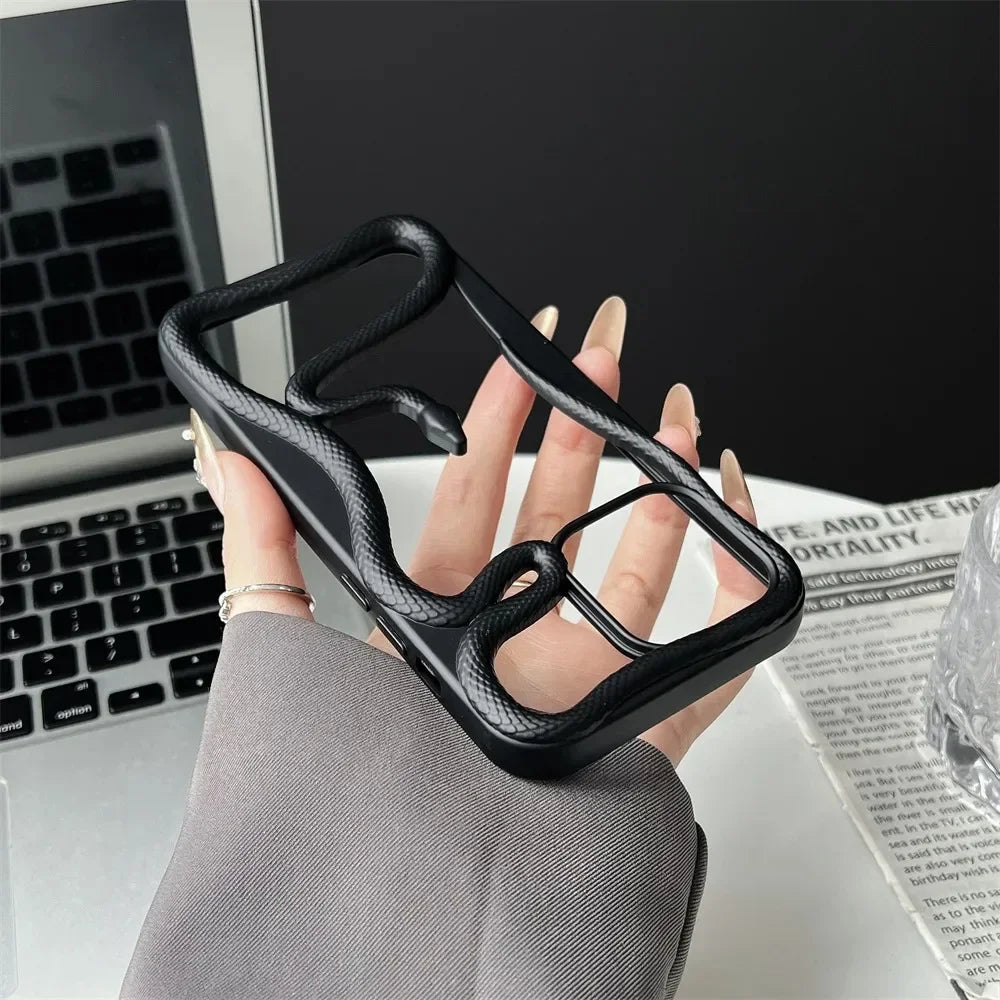 3D Luxury Snake iPhone Case — Matte Plating Fashion Cover with Holder & Lanyard